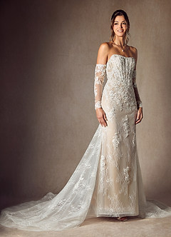 Azazie Caitlin Wedding Dresses Diamond White Nude Mermaid Strapless Lace Dress image7