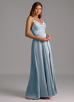 Azazie Sarella Bridesmaid Dresses Dusty Blue A-Line Pleated Velvet Dress image4