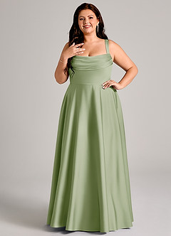 Azazie Shaude 신부 들러리 드레스 A라인 주름진 스트레치 새틴 바닥 길이 드레스 image8