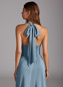 Azazie Myra Bridesmaid Dresses Dusty Blue A-Line Side Slit Stretch Satin Dress image2