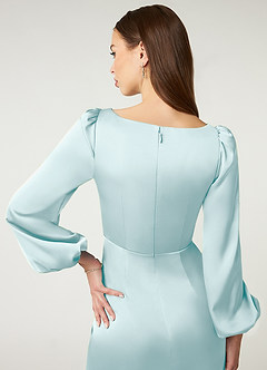 Azazie Mel Bridesmaid Dresses Sea Glass Sheath Long Sleeve Stretch Satin Dress image6