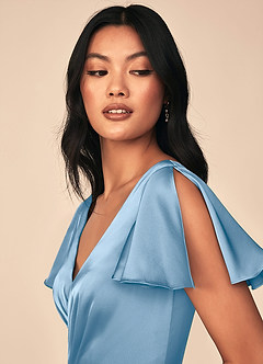 Azazie Soren Bridesmaid Dresses Powder Blue A-Line Pleated Stretch Satin Dress image6