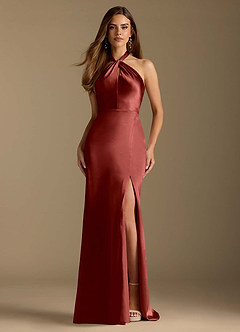 Azazie Tracie Bridesmaid Dresses Terracotta A-Line Pleated Metallic Satin Dress image1