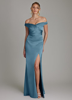 Azazie Teyana Bridesmaid Dresses Bermuda Sheath Off the Shoulder Stretch Satin Dress image4