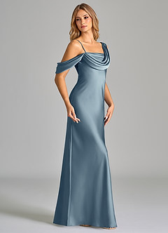 Azazie Celina Bridesmaid Dresses Dusty Blue Sheath Off the Shoulder Stretch Satin Dress image4