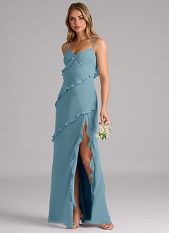 Azazie Nancie Vestidos de damas de honor Vestido de Azul Malhumorado de Gasa de Corte Sirena con Volante image3