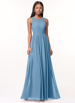 Azazie Nina Brautjungfernkleider A-Linie Plissee Chiffon Kleid Stahlblau image1
