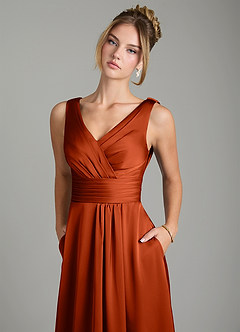 Azazie Karina Bridesmaid Dresses Paprika A-Line Pleated Stretch Satin Dress image7