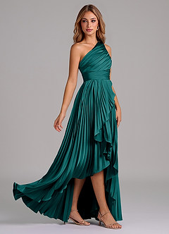 Azazie Lyrica Bridesmaid Dresses Peacock A-Line One Shoulder Stretch Satin Dress image2