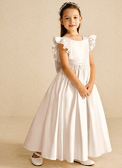 Azazie Piglette Flower Girl Dresses White Alabaster A-Line Bow Matte Satin Dress image5