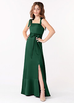 Azazie Barbara Junior Dark Green A-Line Bow Stretch Satin Dress image1