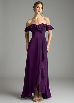 Azazie Lyra Bridesmaid Dresses Grape A-Line Off the Shoulder Stretch Satin Convertible Dress image1