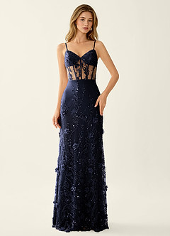 Risqunma Navy 3D Flowers Sequin Embroidery Beading Tulle Prom Dress image3