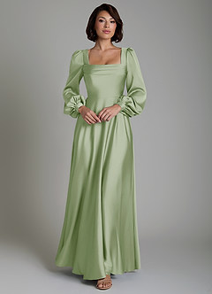 Azazie Solana Robes de demoiselle d'honneur Robe Trapèze en Satin extensible Manches longues Vert Sauge image1