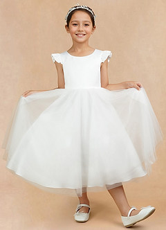 Azazie Hemi Flower Girl Dresses Ivory Steel Blue A-Line Bow Tulle Dress image7