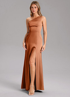 Azazie Feby Robes de demoiselle d'honneur Robe Trapèze en Satin extensible Ue épaule Cuivre image6