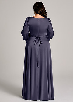 Azazie Leonia Abiti da Damigella Abito A-Line in Raso Elasticizzato Manica Lunga Stormy image13