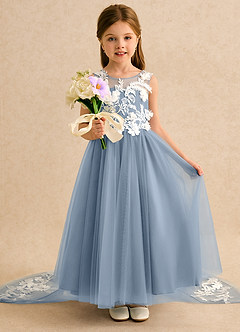 Azazie Mixie vestidos de niña de las flores Vestido de Azul Polvoriento de Encaje de Corte Princesa image6