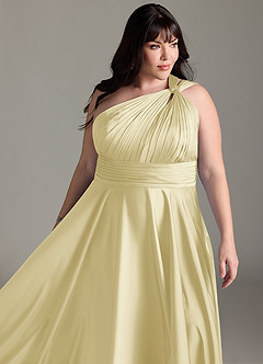 Azazie Charlize Bridesmaid Dresses Lemon Sorbet A-Line One Shoulder Stretch Satin Dress image15