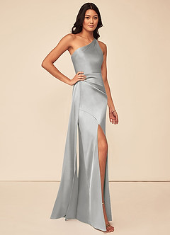 Azazie Maron Bridesmaid Dresses Silver A-Line One Shoulder Stretch Satin Dress image3