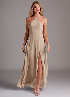 Azazie Bailey Bridesmaid Dresses Taupe A-Line Halter Side Slit Chiffon Dress image4