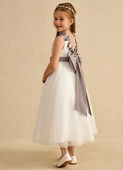 Azazie Lilli Flower Girl Dresses Ivory Taupe A-Line Bow Tulle Dress image4