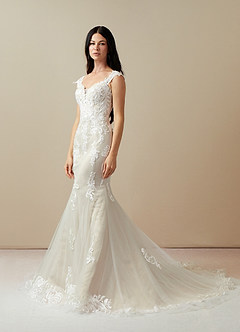 Azazie Roux Vestidos de novia Vestido de Blanco Diamante Champán de Satén de Corte Sirena con Lentejuela image3