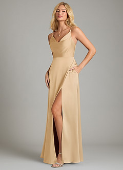 Azazie Sarella Vestidos de damas de honor Vestido de Oro de Satén Elástico de Corte en A con Plisado image5