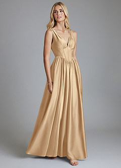 Azazie Delmie Vestidos de damas de honor Vestido de Champán de Satén Elástico de Corte en A con Corsé image5