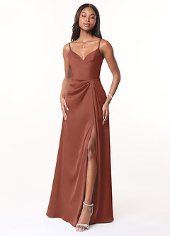 Azazie Brielle Bridesmaid Dresses Auburn A-Line Cowl Spaghetti Straps Stretch Satin Dress image1