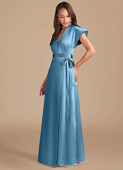 Azazie Nico Bridesmaid Dresses Steel Blue A-Line Pleated Metallic Satin Dress image3
