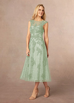 Azazie Flynn Mother of the Bride Dresses A-Line Boatneck Lace Tulle Tea-Length Dress image2