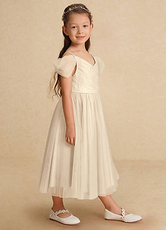 Azazie Lizzette Flower Girl Dresses Champagne A-Line Ruched Tulle Dress image1