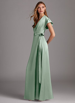 Azazie Nico Bridesmaid Dresses Agave A-Line V-Neck Stretch Satin Dress image2