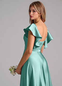 Azazie Leilani Bridesmaid Dresses Aqua A-Line Ruched Stretch Satin Dress image9