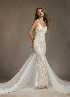 Azazie Josephine Final Sale Diamond White Nude Mermaid V-Neck Sequins Tulle Dress image4