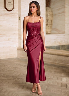 Viviannella Burgundy Sequin Embroidery Stretch Satin Wedding Guest image4