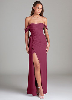Azazie Amyra Bridesmaid Dresses Mulberry Sheath Off the Shoulder Chiffon Convertible Dress image4