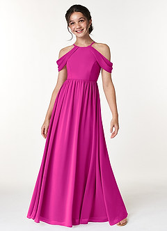 Azazie Seneca Junior Fuchsia A-Line Off the Shoulder Chiffon Dress image3