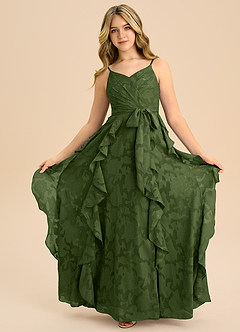 Azazie Peyton Junior Vestido de Oliva de Devorado Floral de Corte en A con Plisado image3