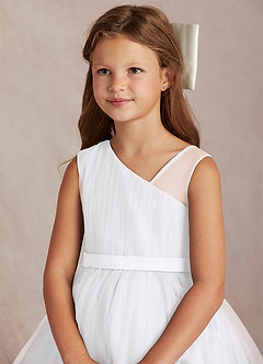 Azazie Lottie Flower Girl Dresses White A-Line One Shoulder Satin Dress image2