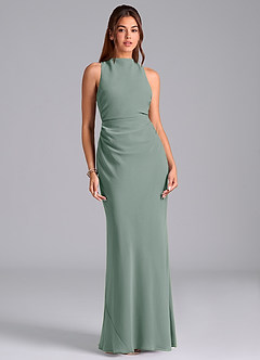 Azazie Evadne At-home Try On Dresses Dark Green Sheath Pleated Chiffon Dress image3