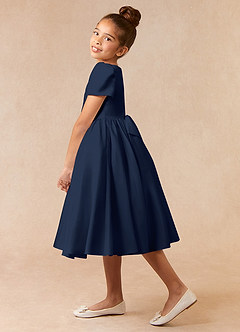 Azazie Anirra Flower Girl Dresses Dark Navy Ball-Gown Pleated Matte Satin Dress image3