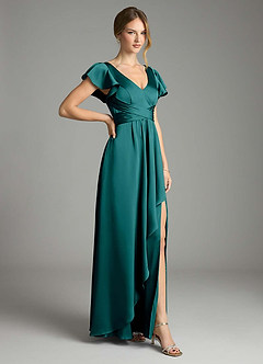 Azazie Omari Bridesmaid Dresses Peacock A-Line Stretch Satin Dress image5