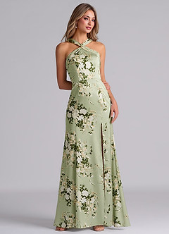 Azazie Rue Vestidos de damas de honor Vestido de Enredaderas Florales de Satén Elástico de Corte Sirena con Plisado image4