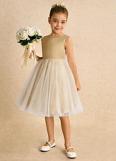 Azazie Esme Flower Girl Dresses Ivory Gold Ball-Gown Bow Tulle Dress image2