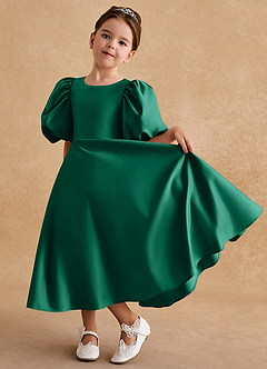 Azazie Sugarplum Flower Girl Dresses Emerald A-Line with Sleeves Matte Satin Dress image5