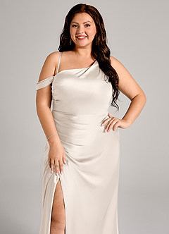 Azazie Madelyn Vestidos de damas de honor Vestido Alabastro Blanco de Satén Elástico de Corte Sirena Convertible con Un hombro image10
