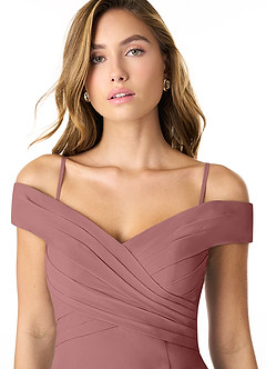 Azazie Lecia Bridesmaid Dresses Desert Rose Empire Off-The-Shoulder Pleated Chiffon Convertible Dress image2