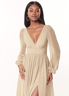 Azazie Norah At-home Try On Dresses Champagne A-Line V-Neck Long Sleeve Chiffon Dress image5